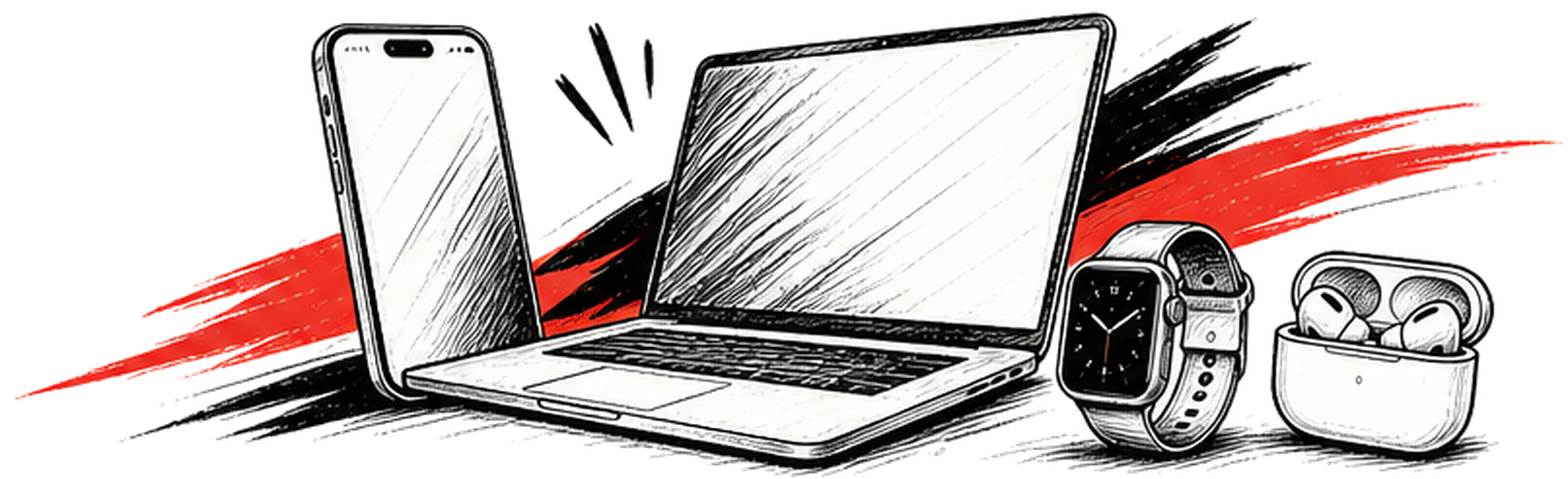 Phone, laptop, smartwatch and earbuds illustration.