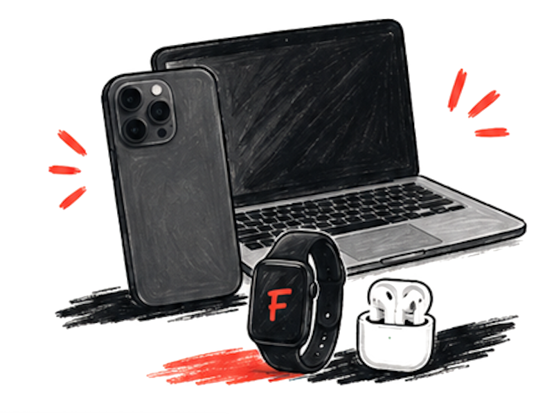 Phone, laptop, smartwatch and earbuds illustration.