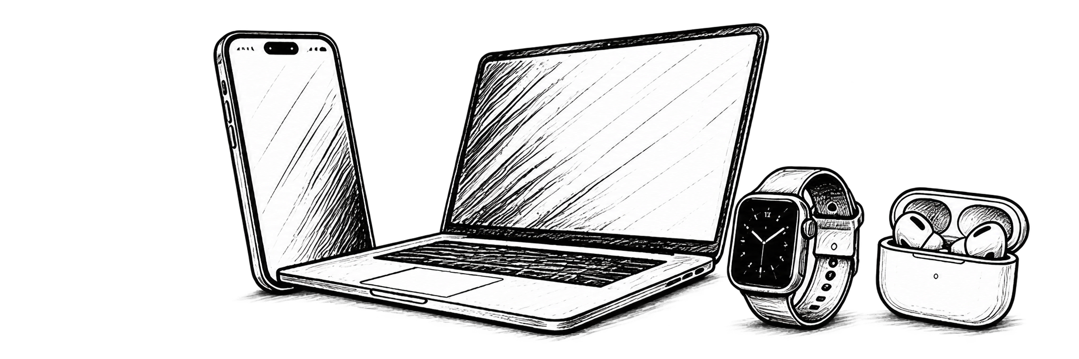 Phone, laptop, smartwatch and earbuds illustration.