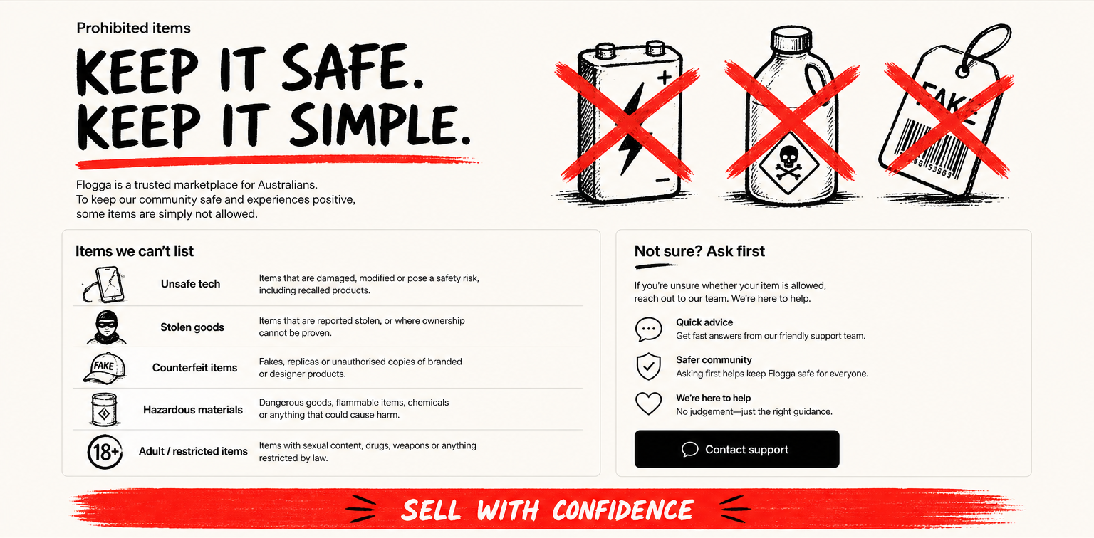 Prohibited items: keep it safe, keep it simple. Guidance on items Flogga cannot list.