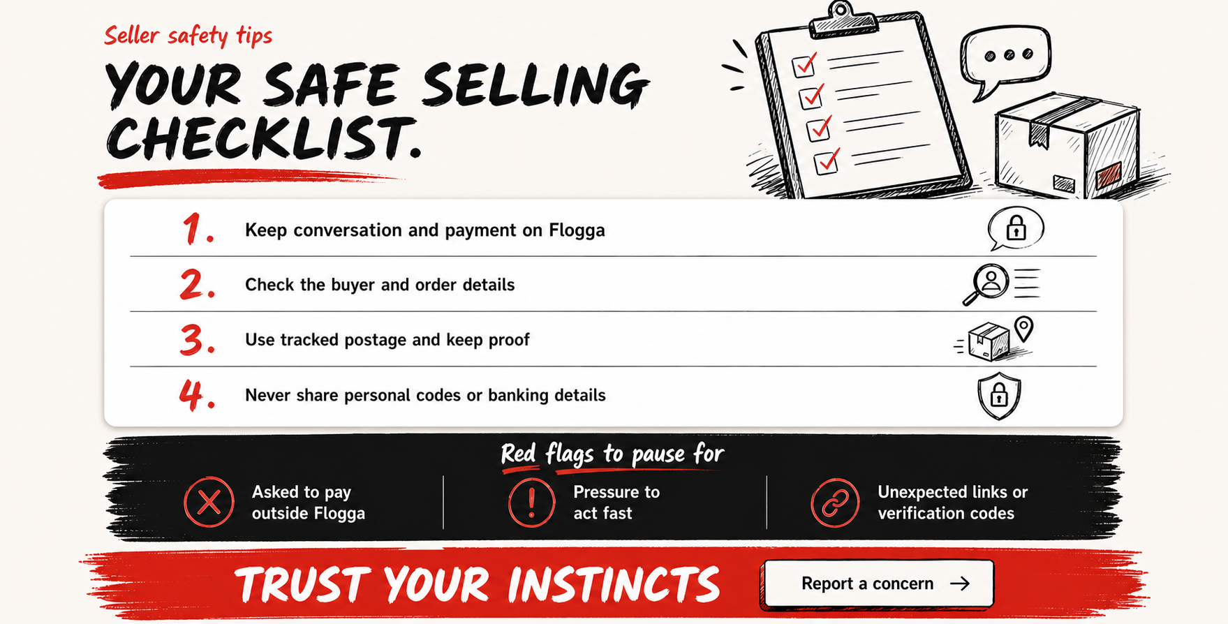 Seller safety tips: a safe selling checklist and red flags to pause for.